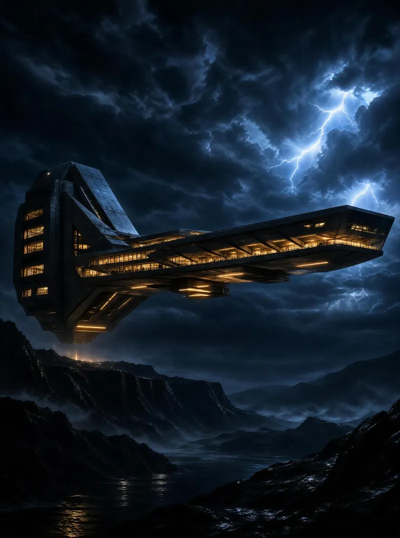 Futuristic Floating Building in Stormy Night
