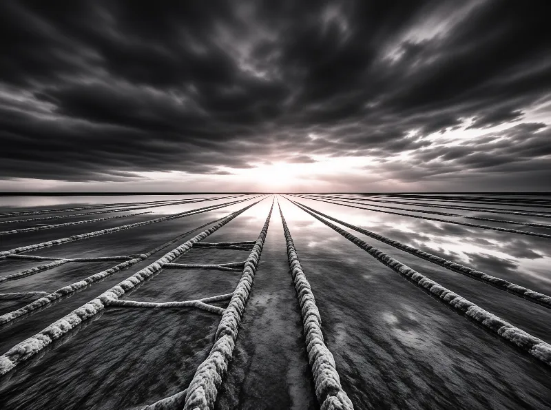 Geometric white salt barriers stretch across a wet flat surface toward a glowing sunset.