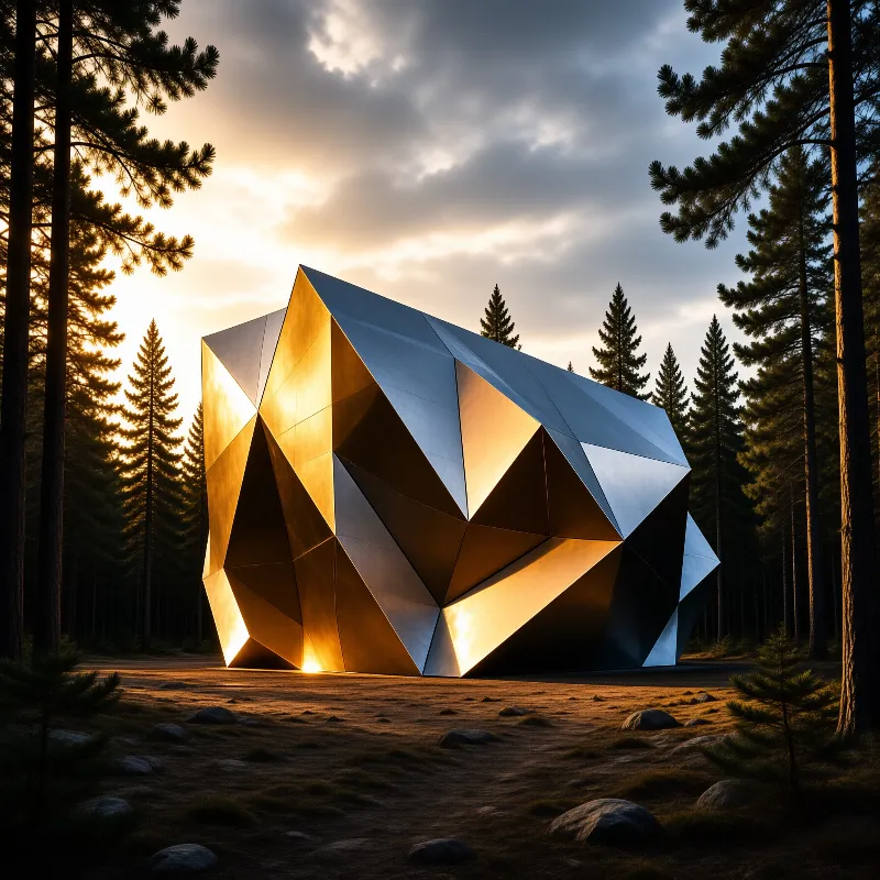 A faceted metal structure rests in a pine forest clearing illuminated by warm golden sunset light.
