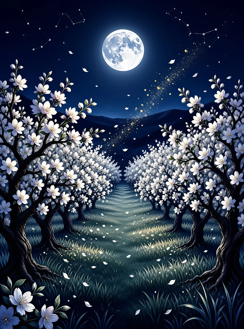 Rows of white flowering trees line a grassy path under a full moon in a starry sky.