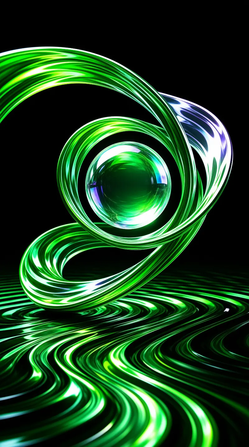A luminous green sphere surrounded by flowing translucent bands reflecting iridescent light on a dark rippling surface below.