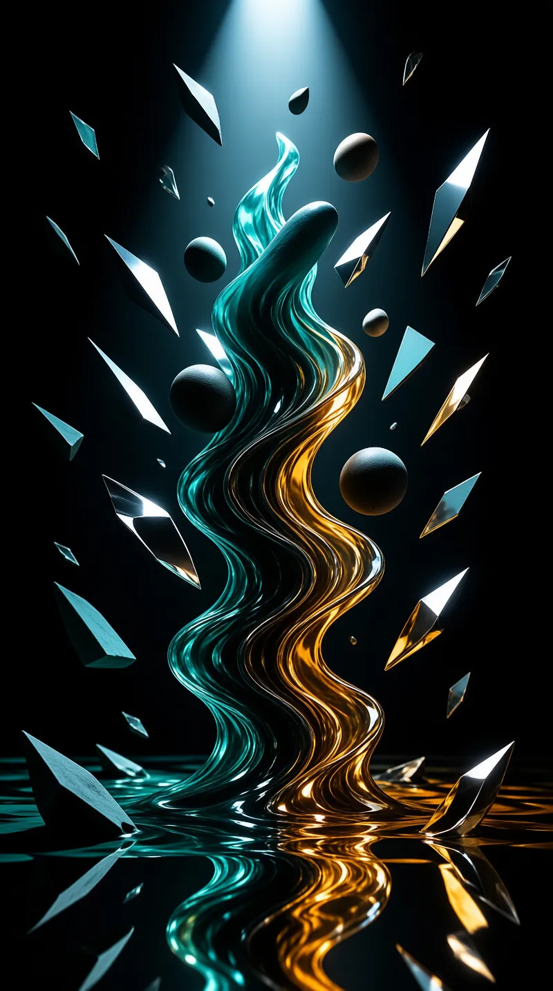 A twisting pillar of viscous fluid glows where a beam from above catches floating crystals and metal spheres