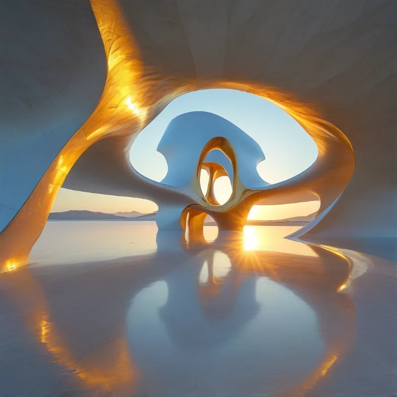 Smooth architectural forms curve across a reflective salt flat illuminated by golden sunlight.