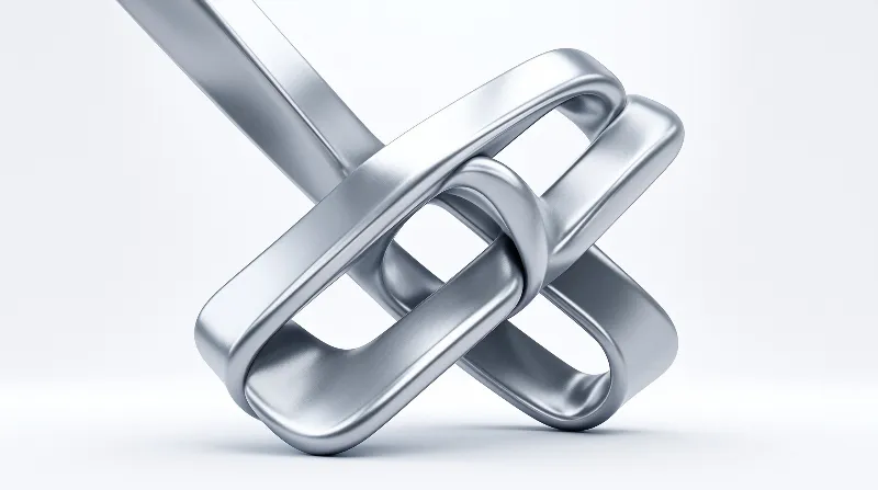 A close-up view of a shiny silver metal chain link resting on a plain white surface with soft reflections and smooth curves.