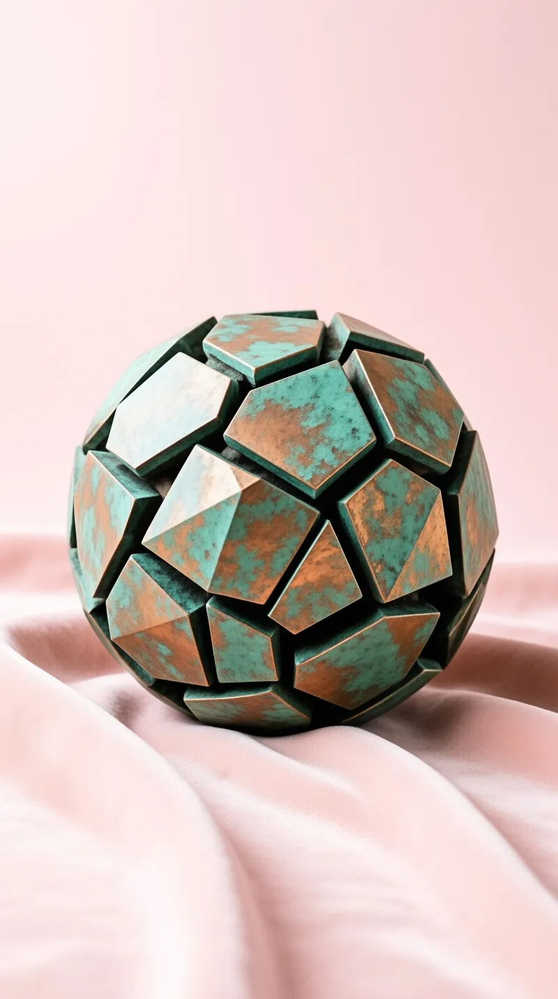 A faceted sphere streaked with green and bronze patina sits on folds of pale pink fabric.