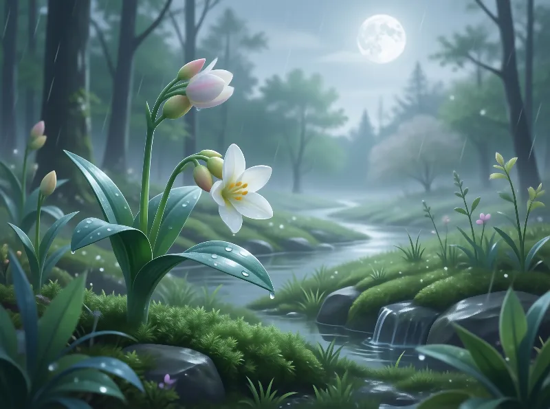 Misty Moonlit Forest Scene