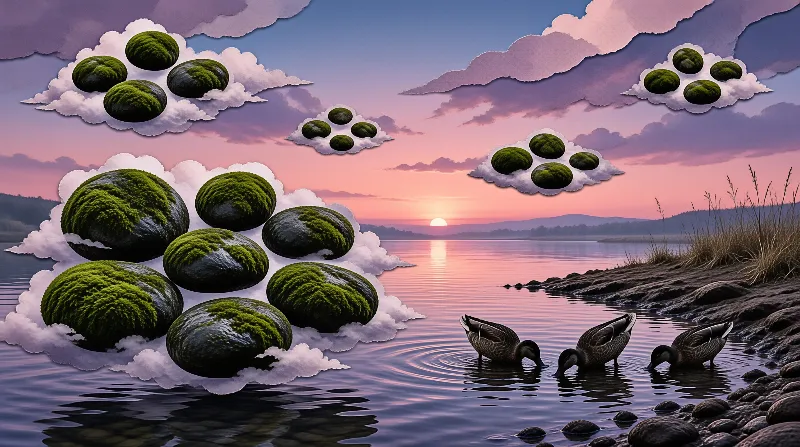 Spherical green moss covered rocks float on pink clouds above a calm lake with three ducks feeding at sunset.