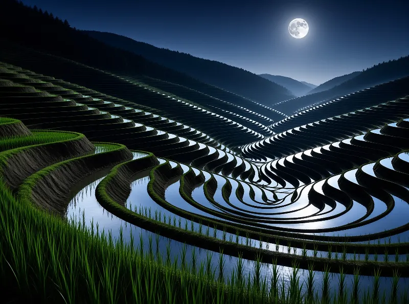 Curved layers of flooded rice fields stretch across a dark valley reflecting the full moon and blue sky in the water.