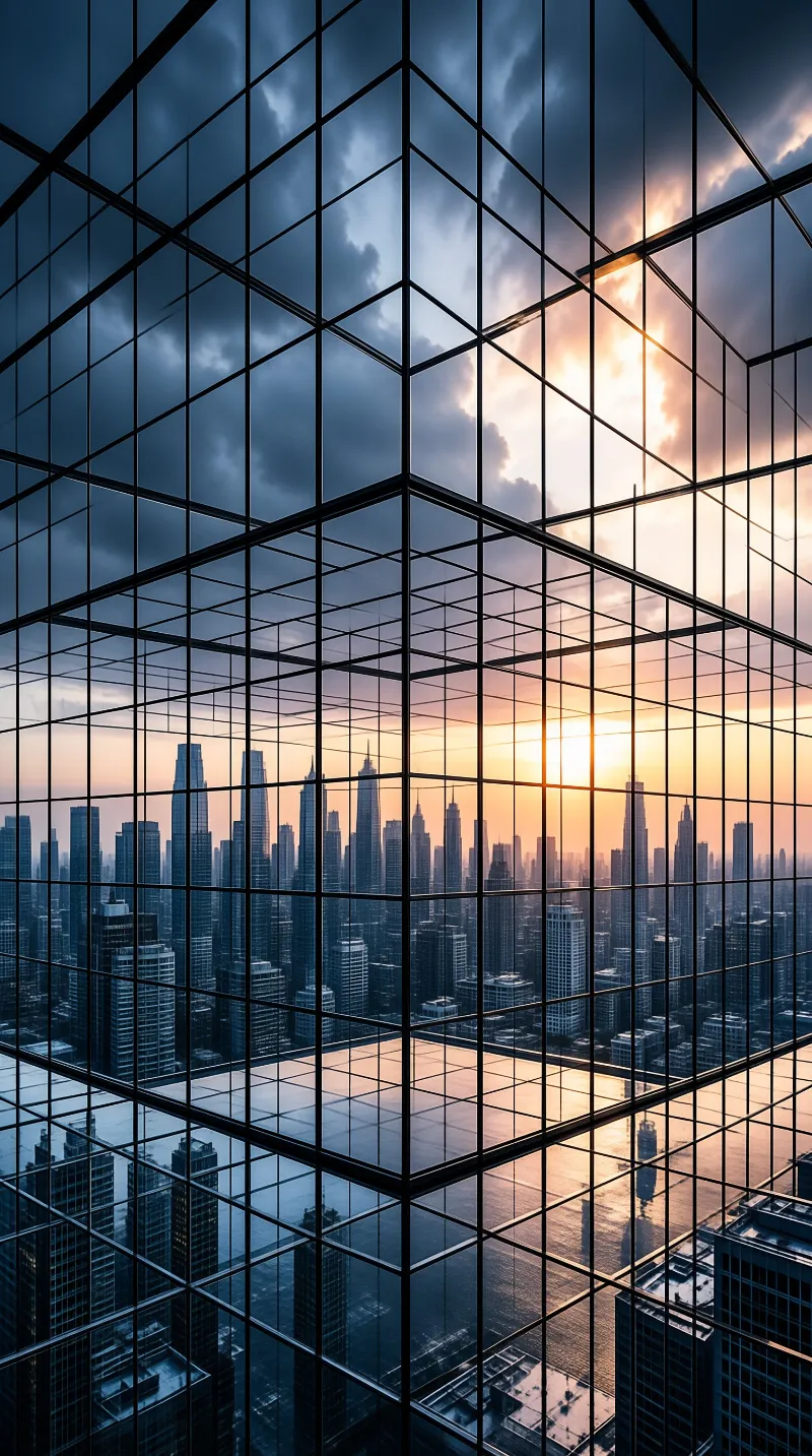 A grid of glass panels mirrors a downtown skyline as the sun sets behind clouds in warm orange light.