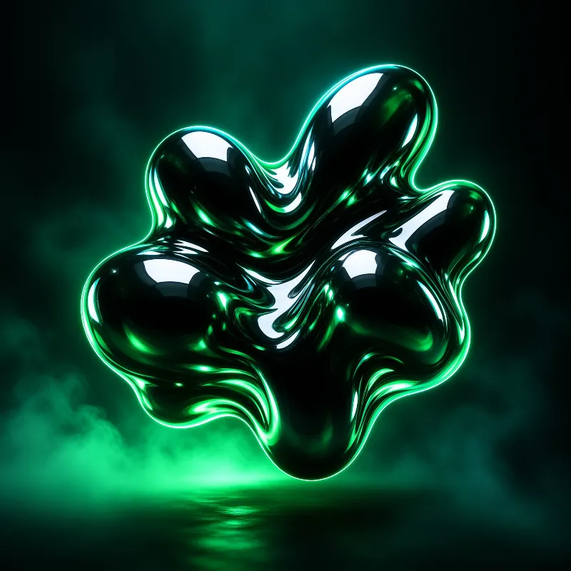 A glossy green metallic blob floats above a foggy floor with glowing edges and sharp highlights.