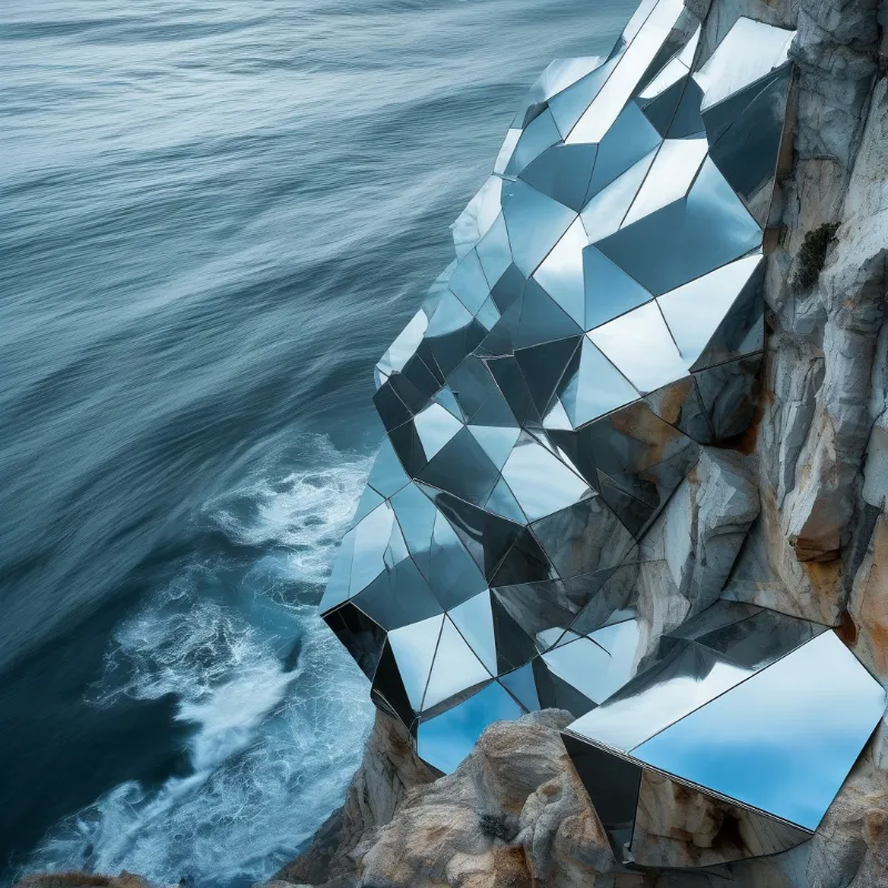 A geometric mirror panel structure clings to a rugged grey rock face above a churning blue ocean.
