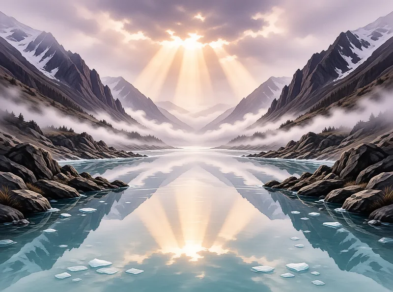 A calm river winds through a misty valley flanked by snowy peaks. Sunlight casts beams across the water.