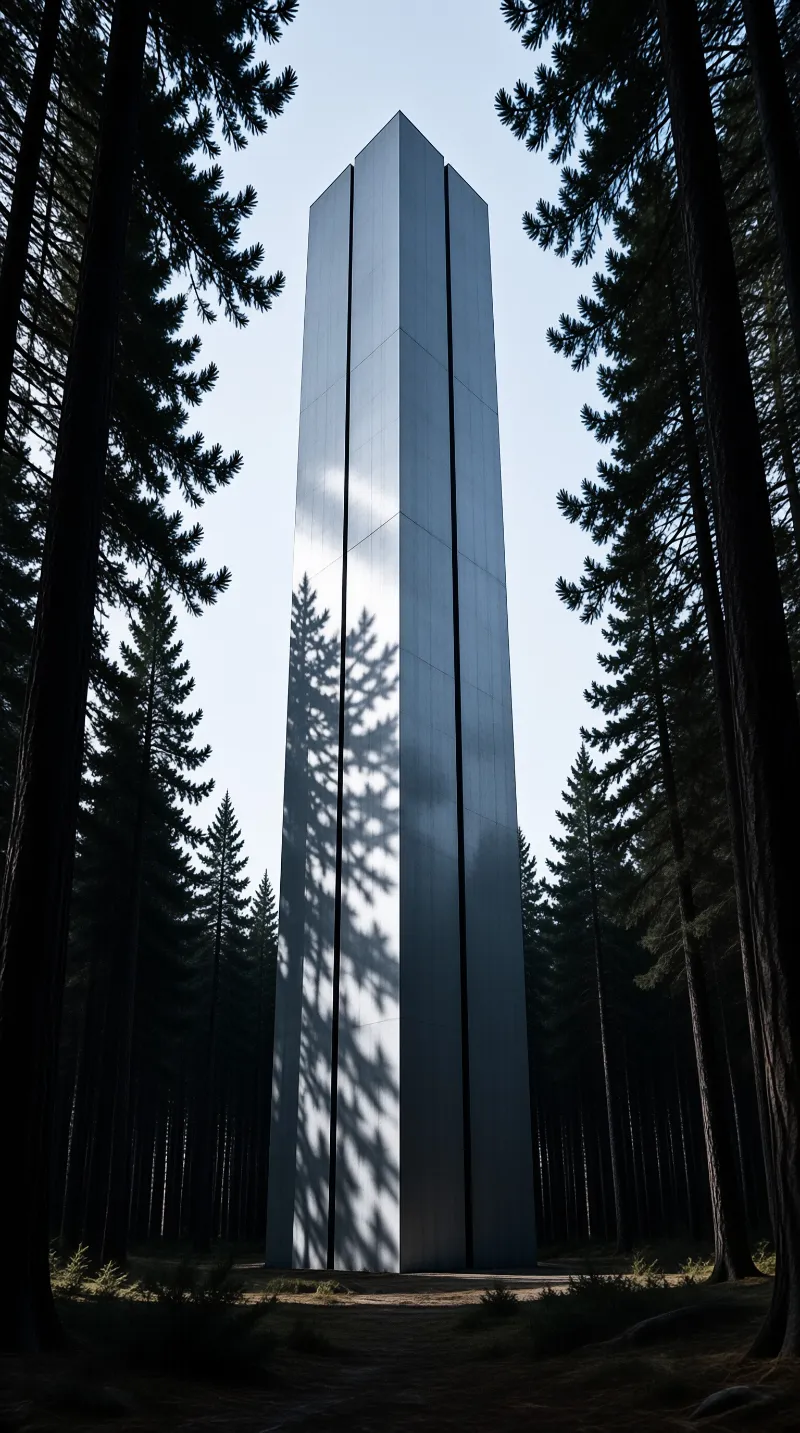 A massive vertical form rises among dark conifers with intricate branch shadows projected onto its panels.