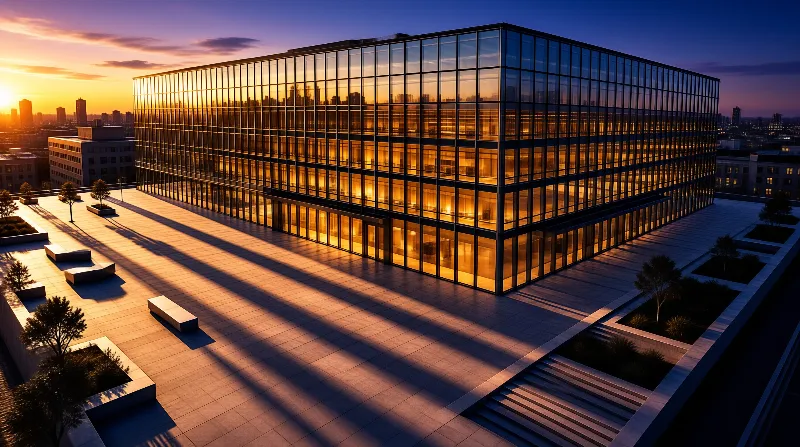 A large glass structure sits on a paved terrace with long shadows stretching across the ground during a golden hour sky.