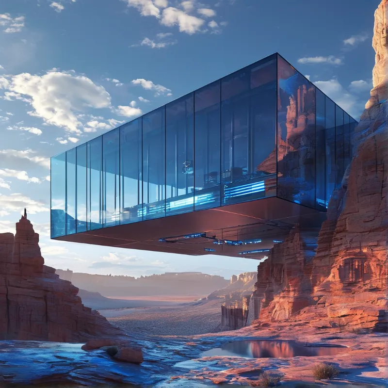 A blue glass modern structure juts out over a sunlit red sandstone canyon valley below with small pools of water at its base.