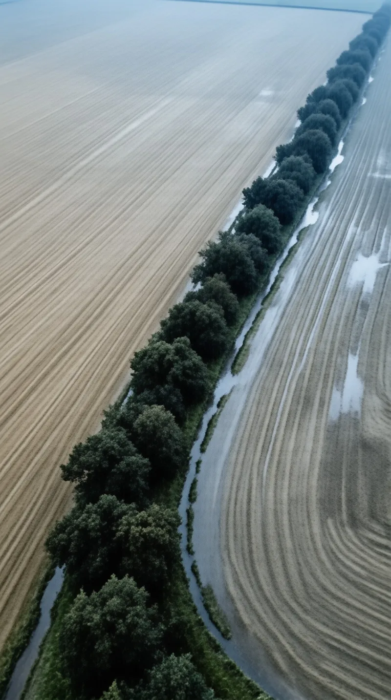 An aerial view follows a single row of trees slicing through pale stubbled fields in soft mist.