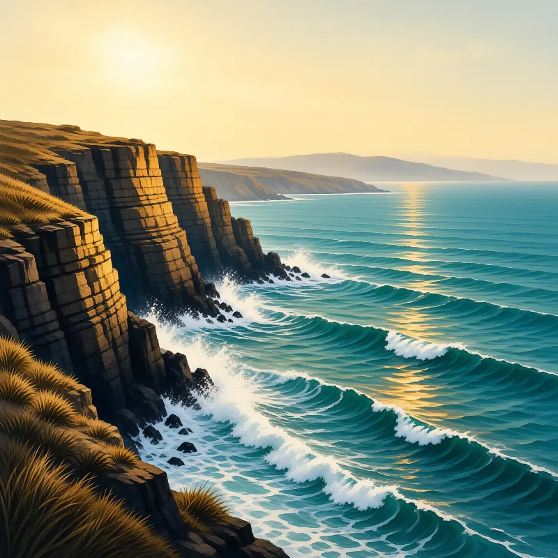 Steep layered rock formations meet a teal sea where white waves crash under a bright golden sky.
