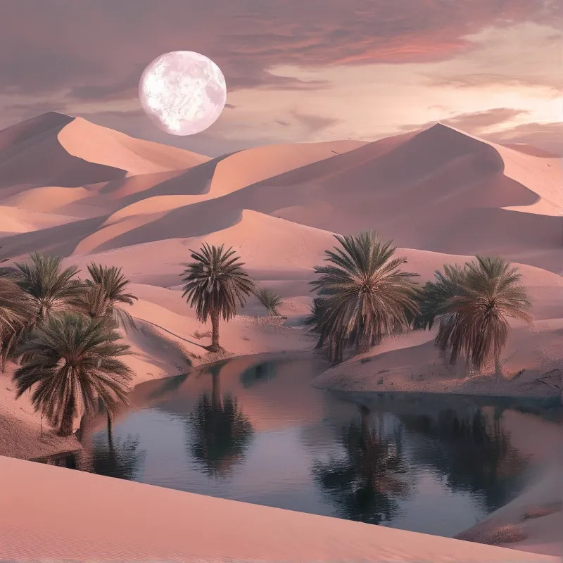 Desert Oasis Moonlit Scene