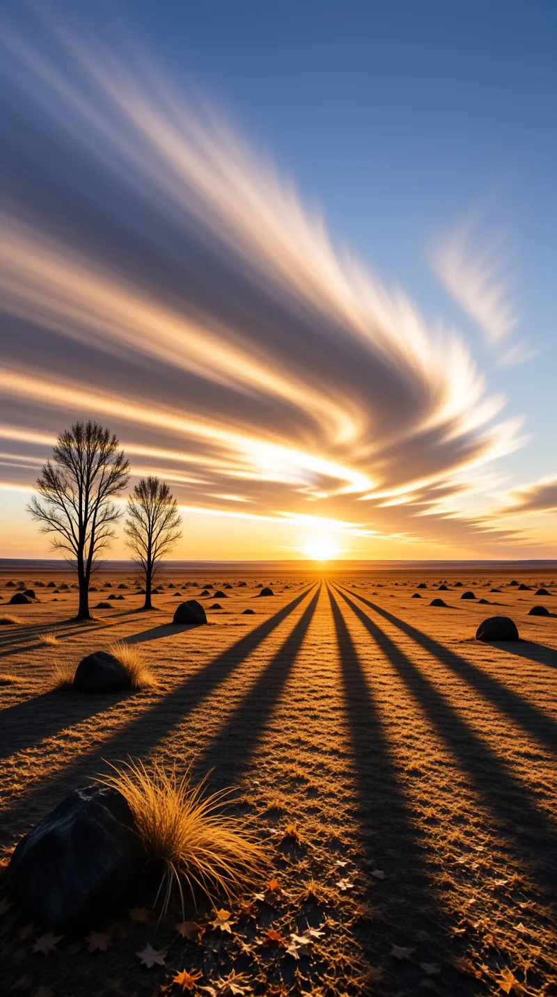 Two leafless trees throw long dark shadows across a frosty field as the low sun sets beneath streaked clouds.
