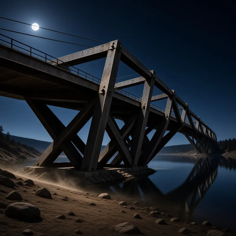 A long riveted steel bridge spans still dark water under a bright full moon with faint mist curling along the rocky shore.