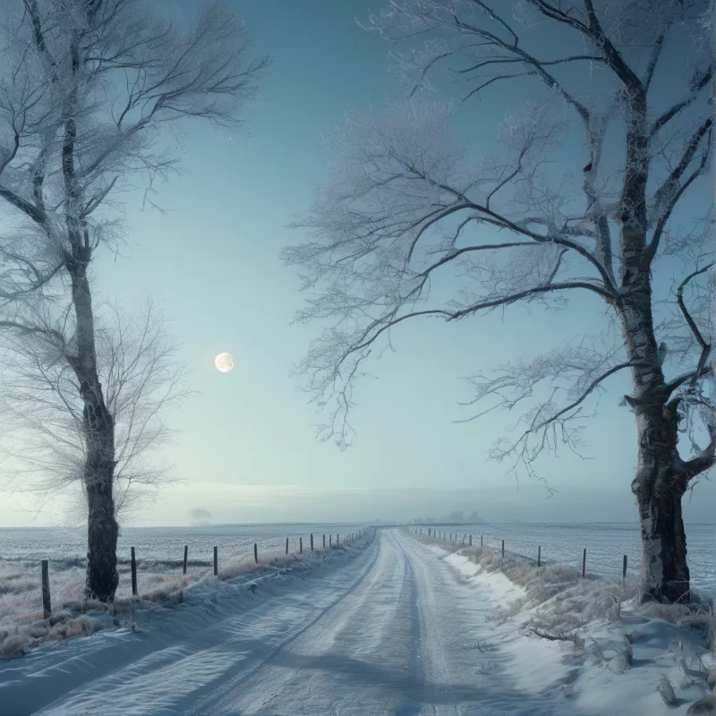 A long snowy road stretches towards a frozen body of water lined with tall trees covered in frost under a pale sky.