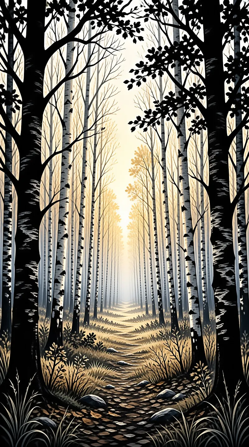A winding dirt path traverses a dense birch forest with white trunks towards a luminous golden haze in the background.
