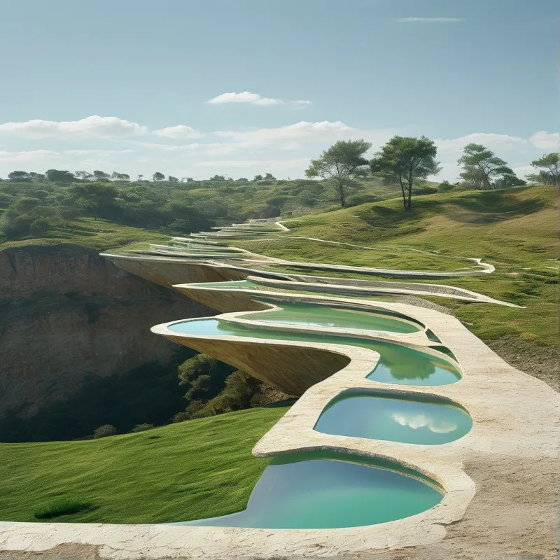 A sculpted stone structure resembling connected pools winds down a grassy hillside reflecting the soft blue sky above.