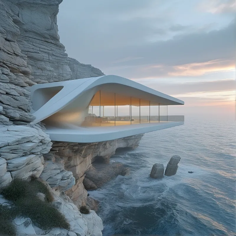 A sleek white building curves out from a rocky seaside cliff with warm interior lighting visible through windows.