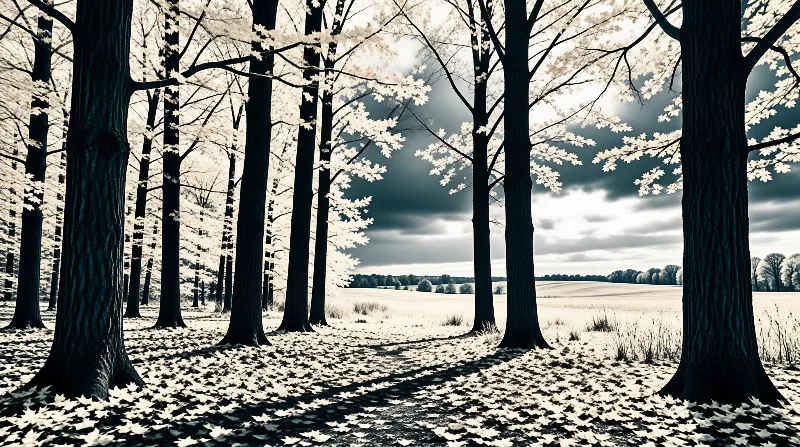 Dark trunks frame a grove of pale leaves, with a path of fallen foliage leading toward an open plain under heavy cloud.
