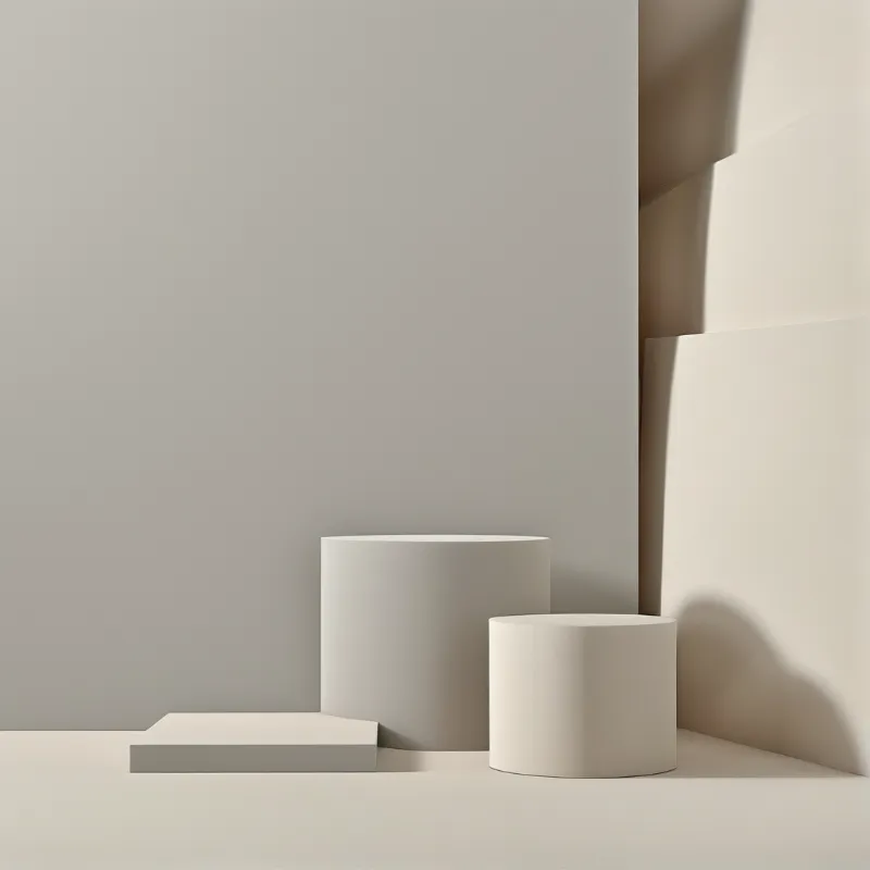 Geometric cylinders and a rectangular base rest on a smooth surface under soft directional lighting with neutral tones.