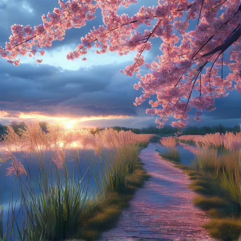 Pink blossoms overhang a wooden path crossing water as the setting sun glows between tall grasses.