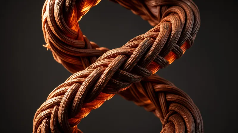 A thick brown rope forms a knot where dramatic illumination reveals the individual strands against a dark background.