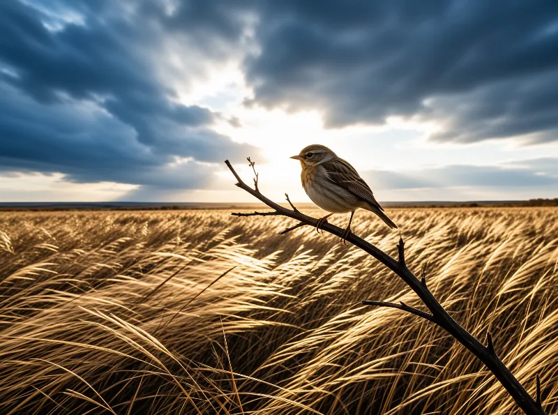 A small brown bird perches on a bare branch above a golden wheat field under a dramatic cloudy sky.