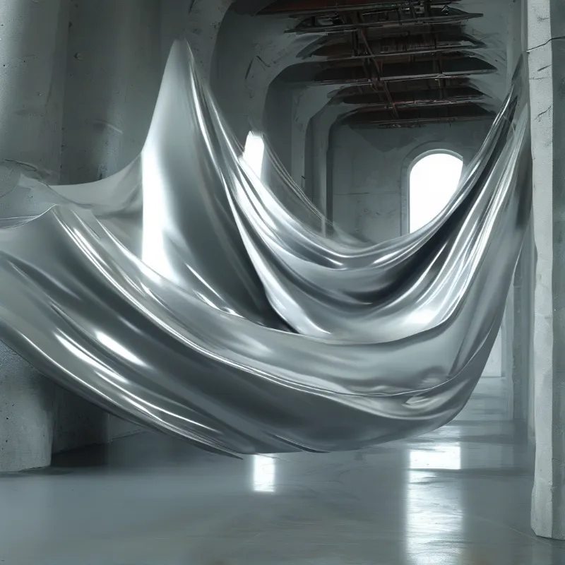 Reflective silver fabric hangs in industrial space with concrete pillars and a distant window illuminating curves.