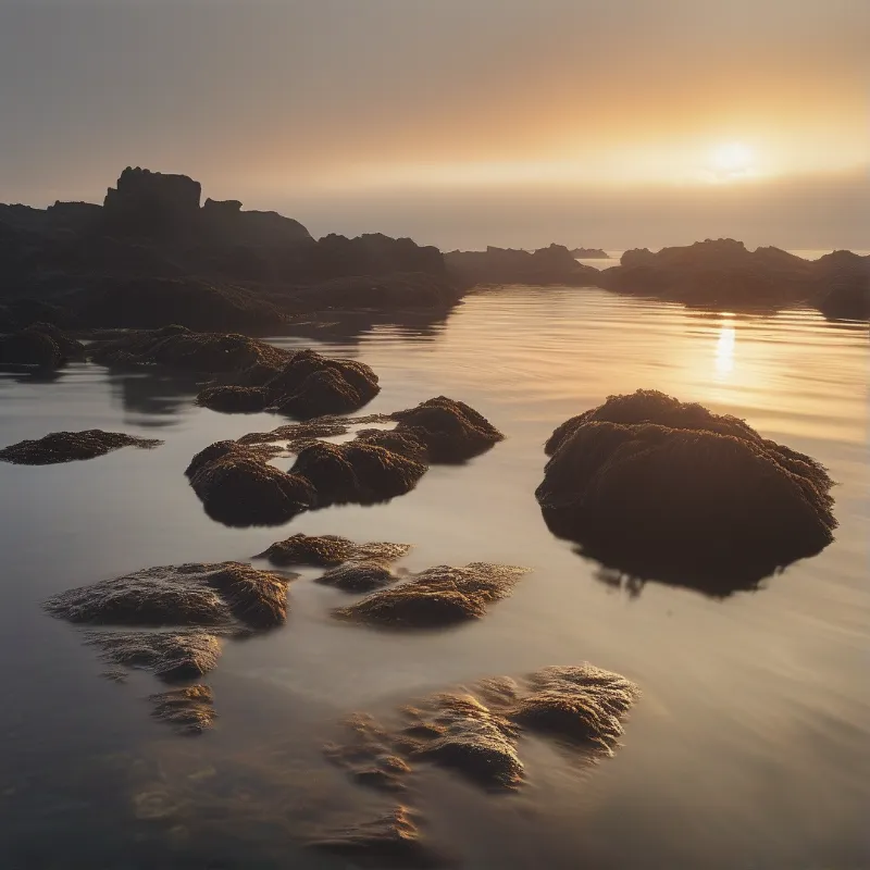 Mossy rocks emerge from calm water as the sun sets over a distant coastline bathed in warm light.