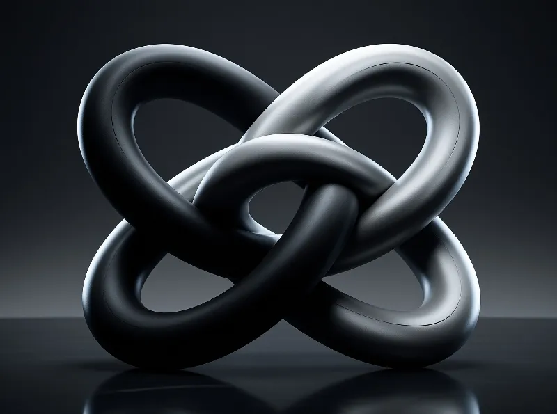 A polished tubular knot of interlocking loops reflects soft highlights against a near black backdrop.