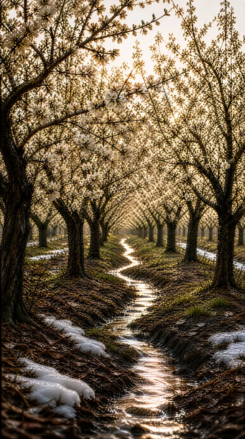 A winding stream flows through an orchard of blossoming trees under warm golden hour light with patches of snow on the ground