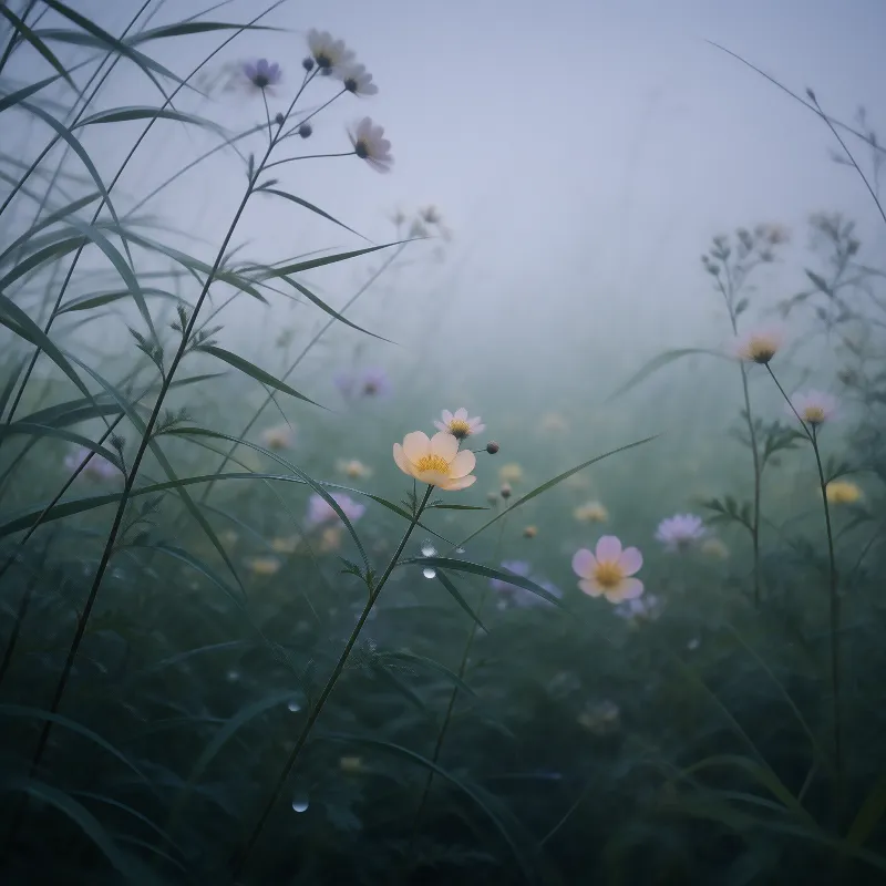 Dewy Wildflowers in the Mist
