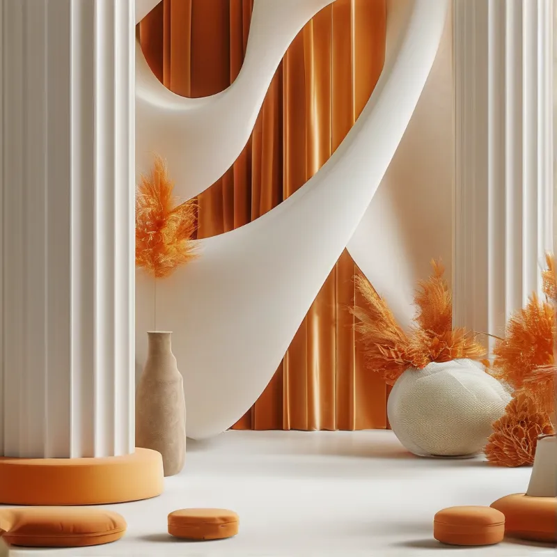 White fluted columns flank a curved modern interior with orange drapes, pampas grass decor, and low orange floor cushions on a pale matte floor.