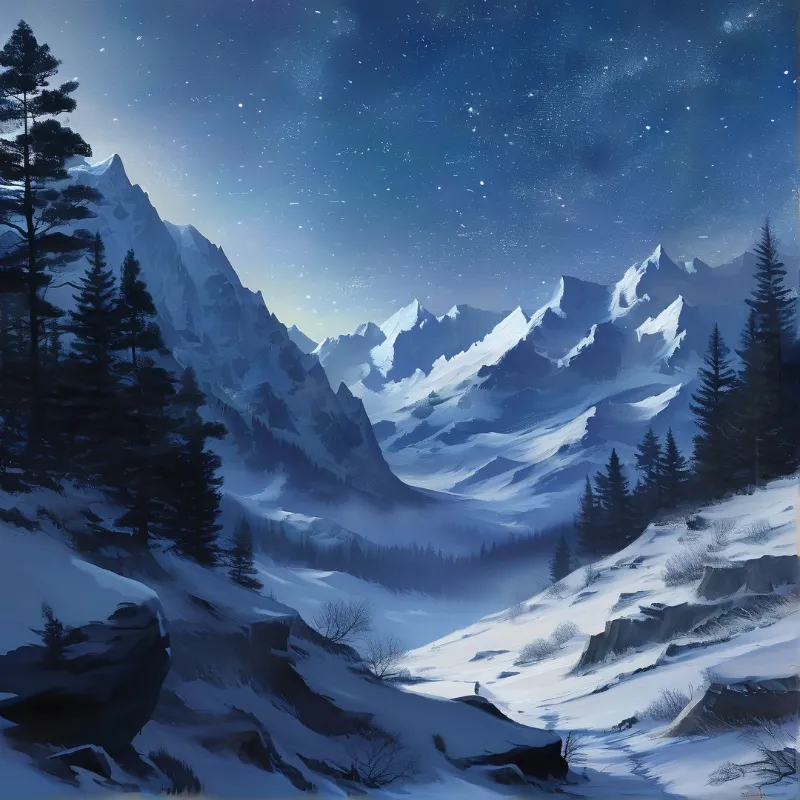 Snowy Mountains at Night