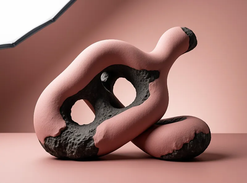 A rounded torus of rough dark rock is half dipped in matte rose paint, lit softly against a pink studio wall