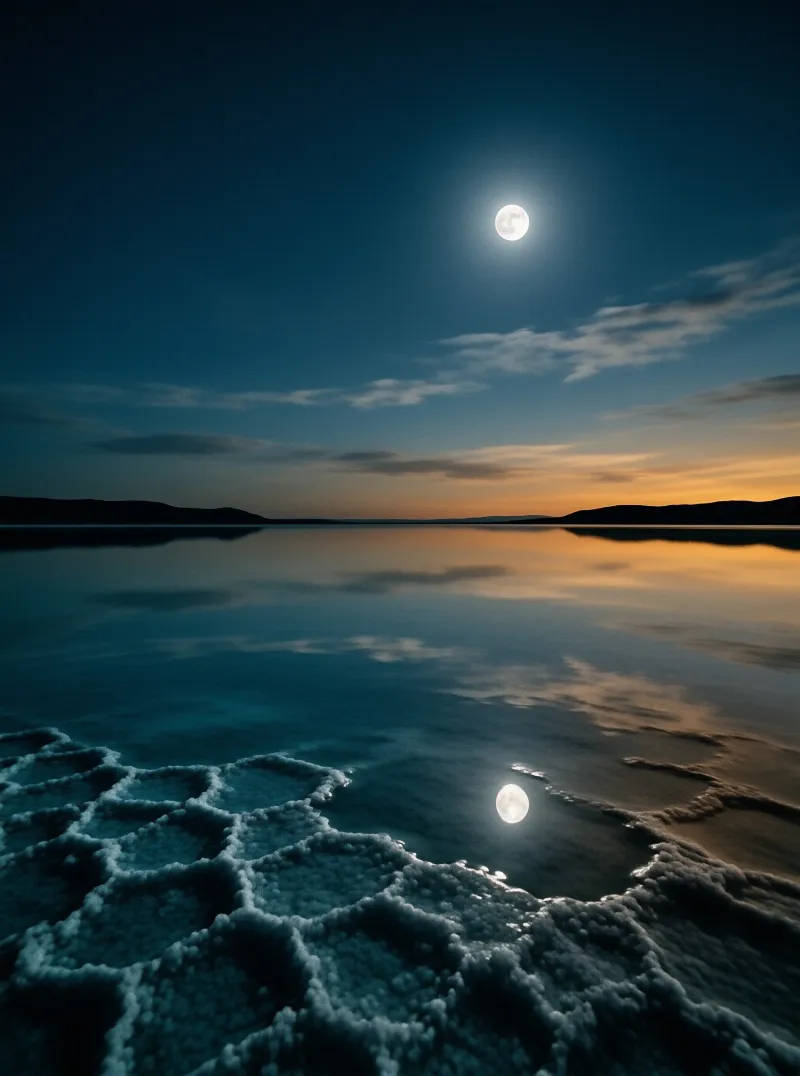 A bright moon climbs above glassy water as dusk colors linger along the horizon of the salt plain.