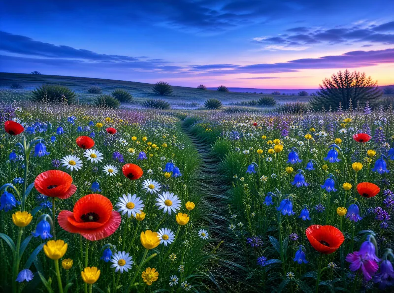 Colorful Wildflower Field at Sunset