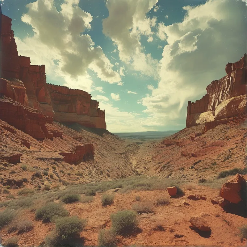 Towering red rock formations frame a deep desert valley floor scattered with low green shrubs under a cloudy blue sky.