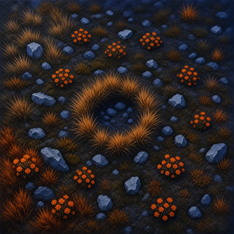 Vivid orange flowers stand amid dry rust grass and blue rocks spread over dark desolate ground under dim cold illumination