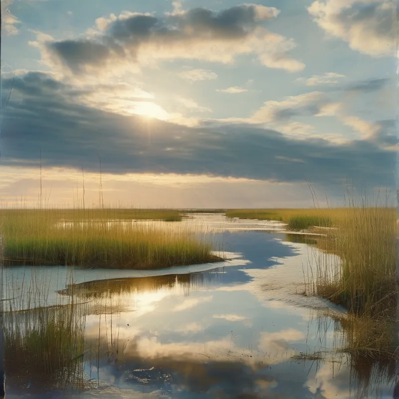 Winding water channels in a wetland reflect a bright sun breaking through scattered clouds.