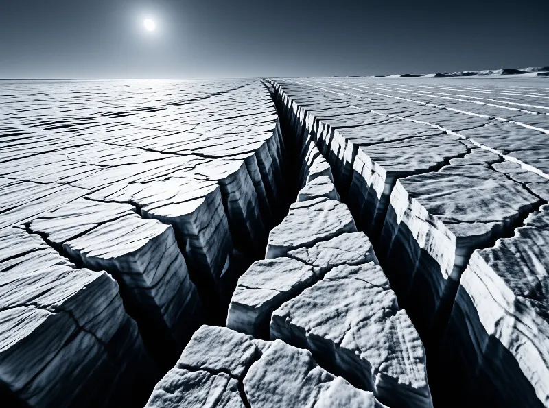 A cracked white landscape splits into a deep shadowed rift stretching toward the distant horizon under bright sun.