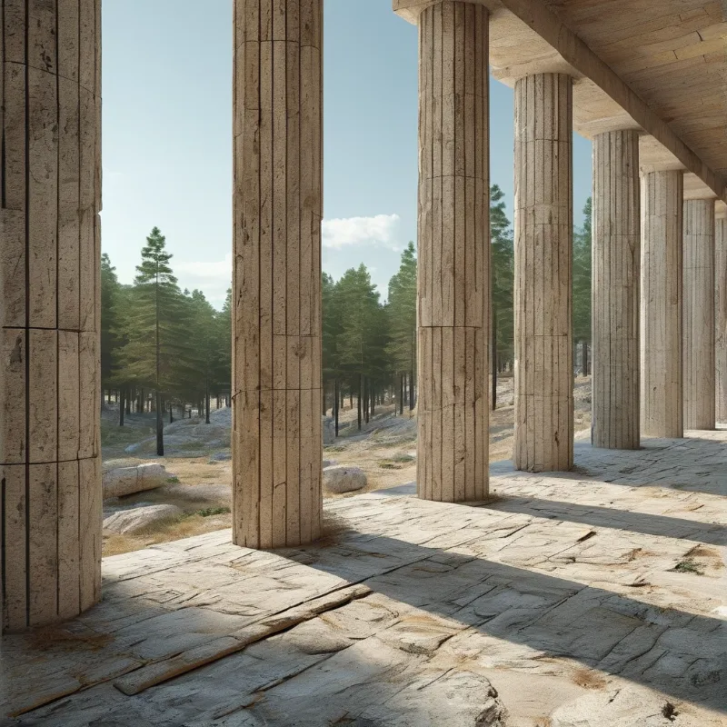 Weathered stone columns cast shadows across a ruin while pine trees stand in the distance under a clear blue sky.
