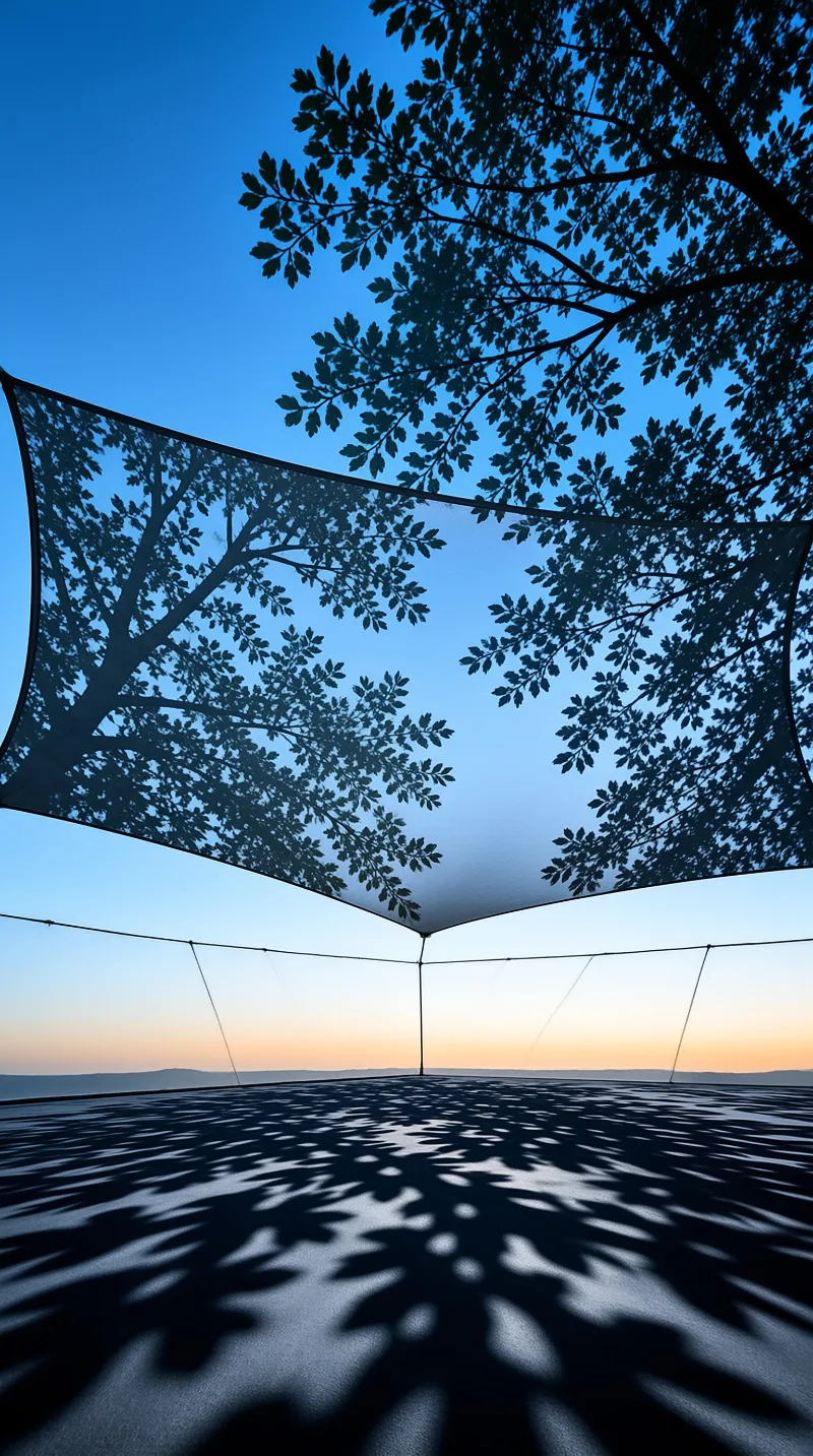 Overhead fabric sails carry delicate tree branch patterns against a blue sky at golden hour.