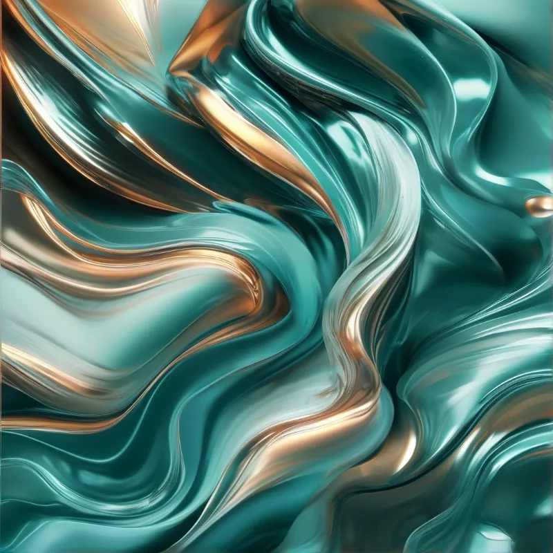 Glossy teal liquid waves intertwine with shimmering gold metallic ribbons in a smooth flowing pattern.